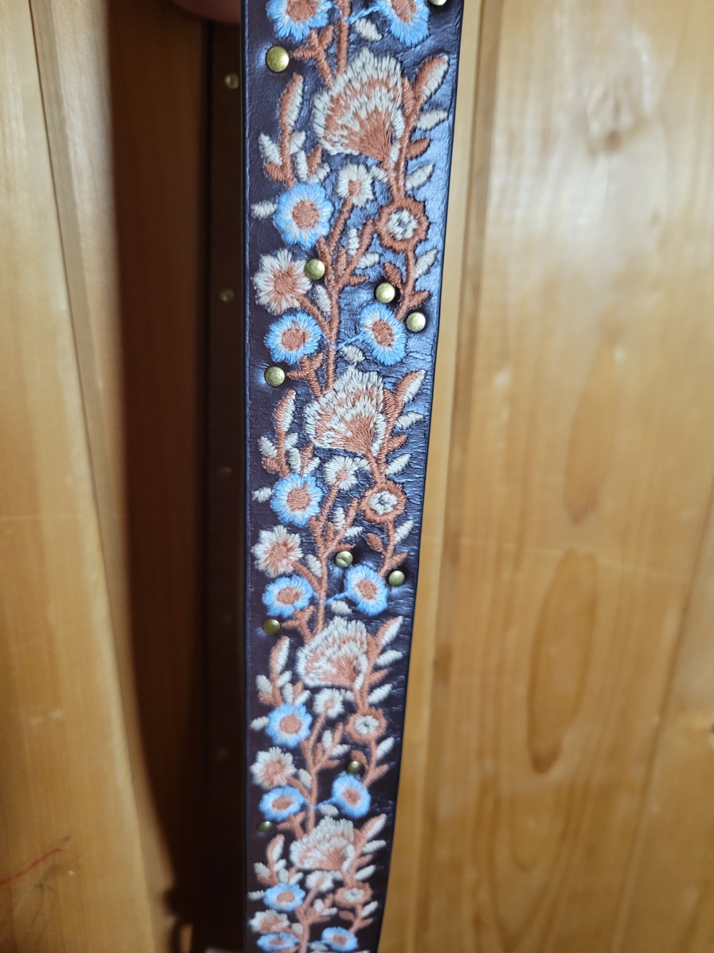 Lucky Brand Brown Leather Belt with Blue and Tan Floral Embroidery